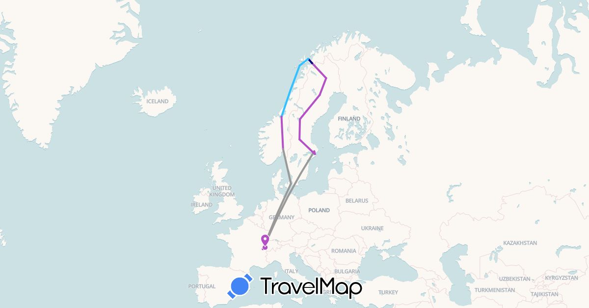 TravelMap itinerary: driving, plane, train, boat in Switzerland, Denmark, Norway, Sweden (Europe)